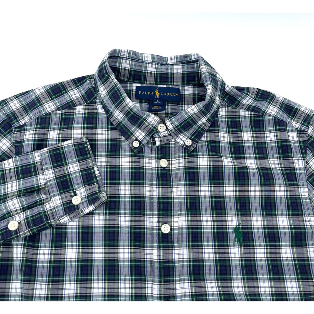 Ralph Lauren Boys Blue Green Plaid Button Down Shirt L 14-16 Long Sleeve